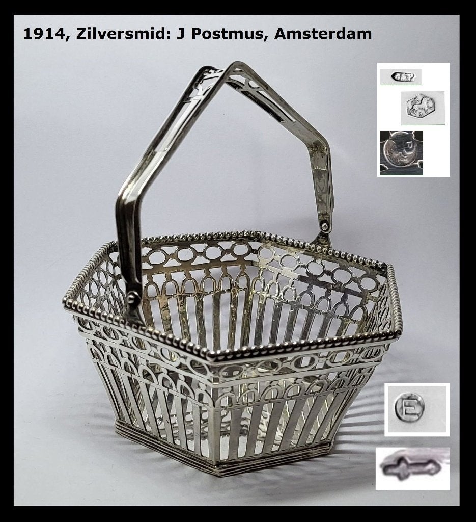 Prachtig Ned Zilveren bonbonmandje 1914 J Postmus, Amsterdam, Ophalen of Verzenden, Zilver