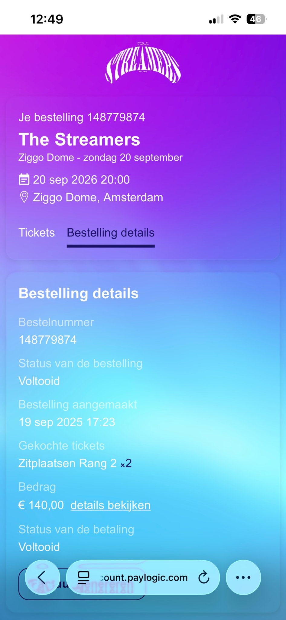 2 zitplaatsen The Streamers! Zondag 20 september 20.00 uur, Twee personen, September