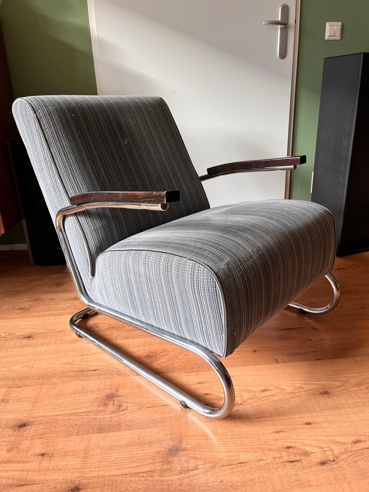Vintage Bauhaus Stijl Fauteuil - Chroom en Stof, Ophalen, Gebruikt, Metaal, Eén
