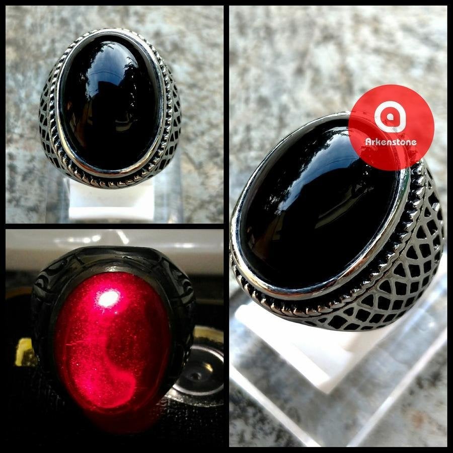 Exclusieve Titanium Ring Zwarte Vuur-Amethist-Agaat CAR55, Overige materialen, 20 of groter, Verzenden, Zwart