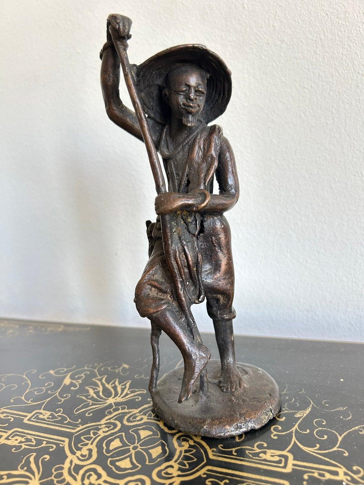 Antiek Aziatisch bronzen beeld van oude man met kalebas, Ophalen of Verzenden