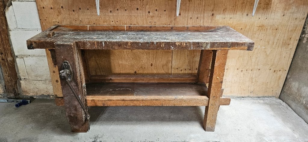 Vintage houten werkbank, Doe-het-zelf en Verbouw, Werkbanken, Ophalen, Gebruikt, 120 tot 170 cm, Bankschroef