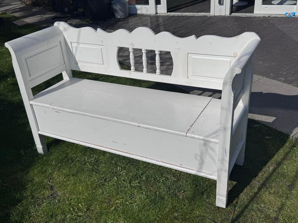 Antieke Klapbank / Opbergbank - Wit Hout, Antiek en Kunst, Antiek | Meubels | Stoelen en Banken, Ophalen