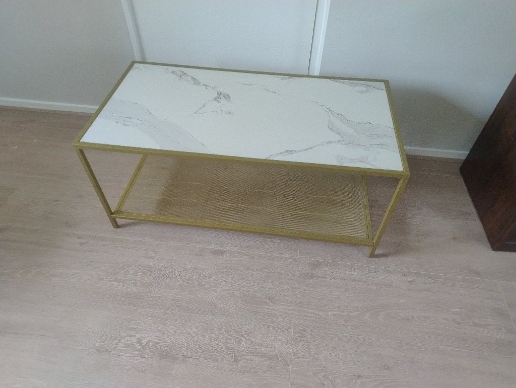 Salontafel marmer wit met goud, Ophalen, Overige materialen, Gebruikt, 100 tot 150 cm