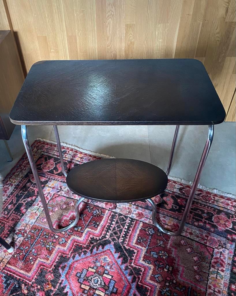 Vintage Bauhaus Bijzettafel - Chroom & Donker Hout, Antiek en Kunst, Ophalen
