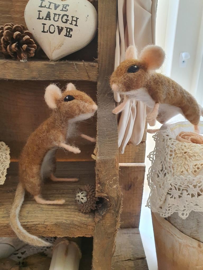 Schattige genaaldvilte muisjes in het bruin handgemaakt!, Hobby en Vrije tijd, Ophalen of Verzenden, Nieuw, Figuurtje(s), Wolvilt