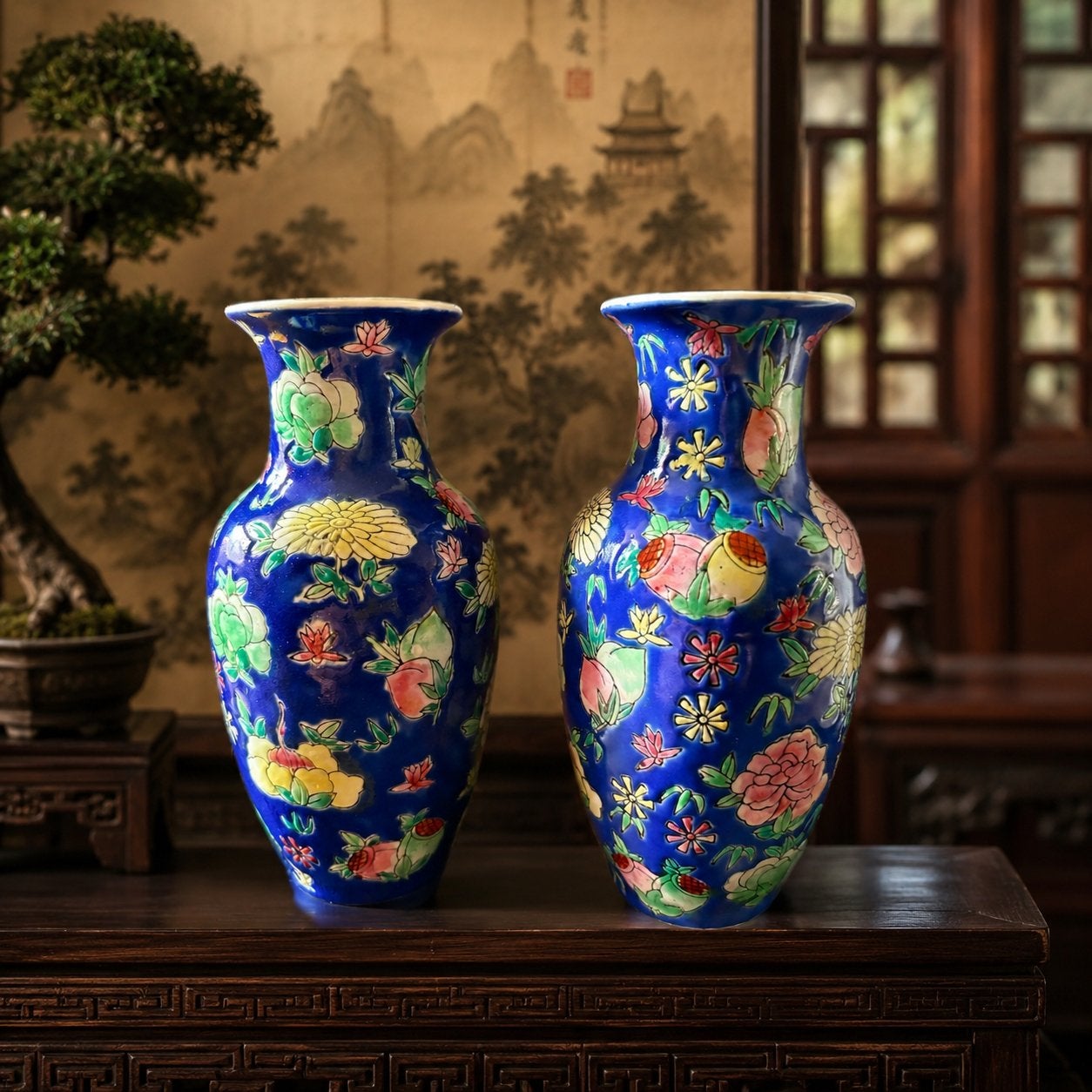 Set van 2 Chinese vaasjes met bloemmotief, Ophalen of Verzenden