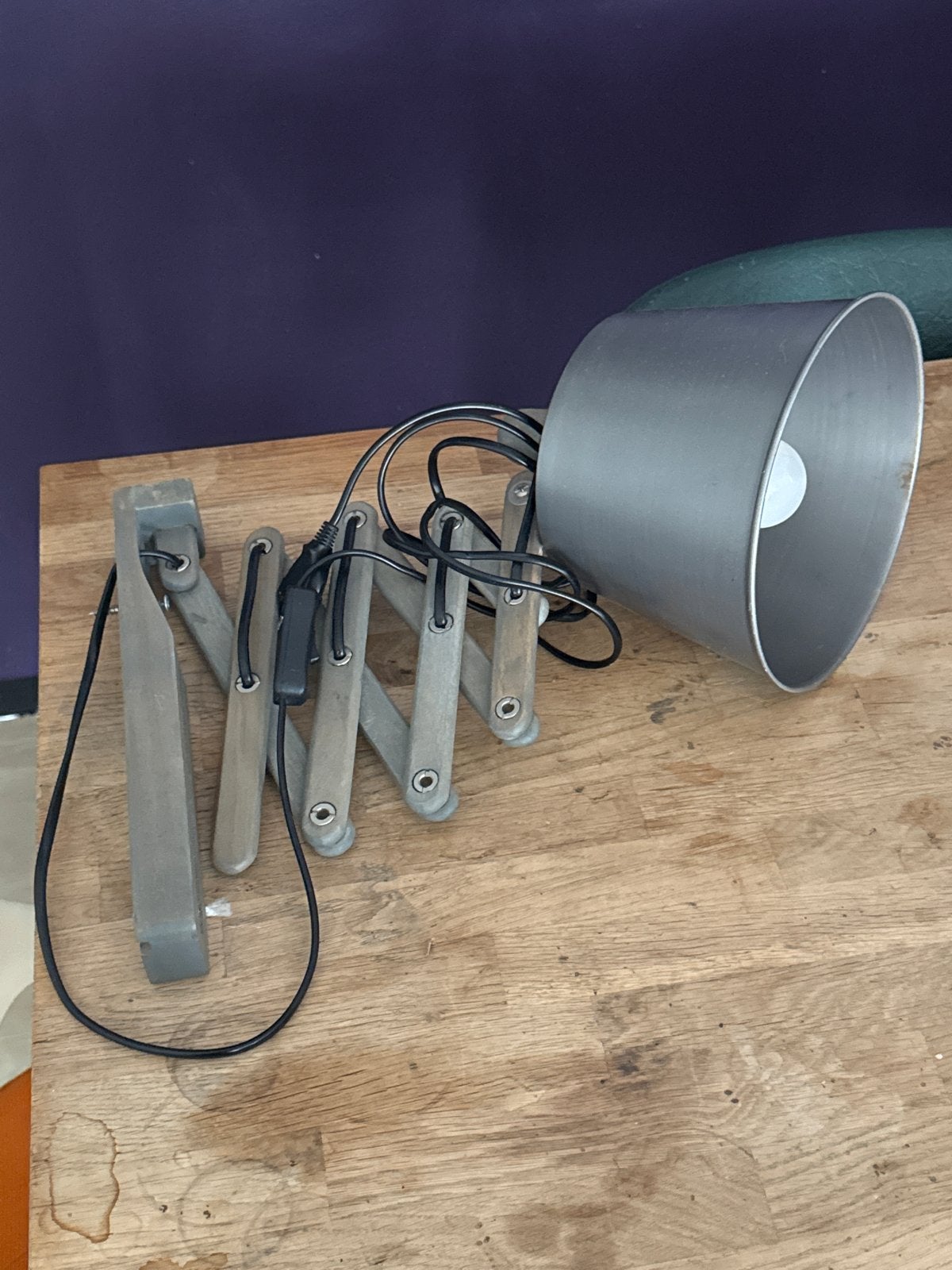 Vintage schaarlamp / wandlamp - grijs metaal, Ophalen of Verzenden