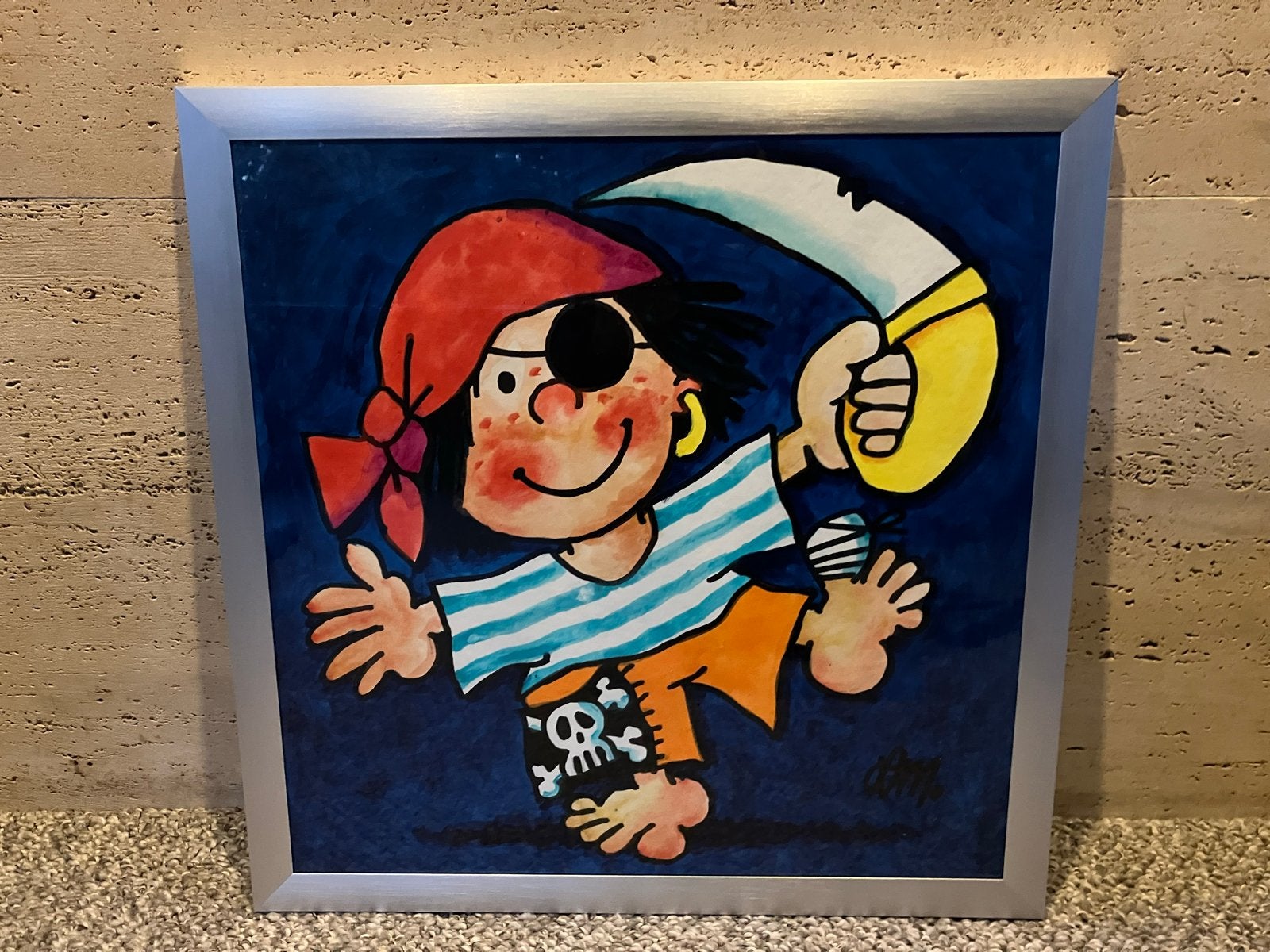 Lutz Mauder Schilderij: Vrolijke Piraat in Aluminium Lijst, Aquarel, Achter glas, Ophalen of Verzenden, Stripfiguren/cartoons