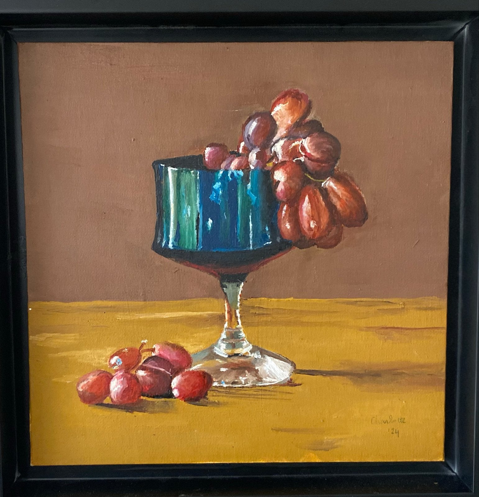 Olieverfschilderij: Stilleven met Druiven en Glas, Gesigneer, Antiek en Kunst, Kunst | Schilderijen | Klassiek, Ophalen of Verzenden