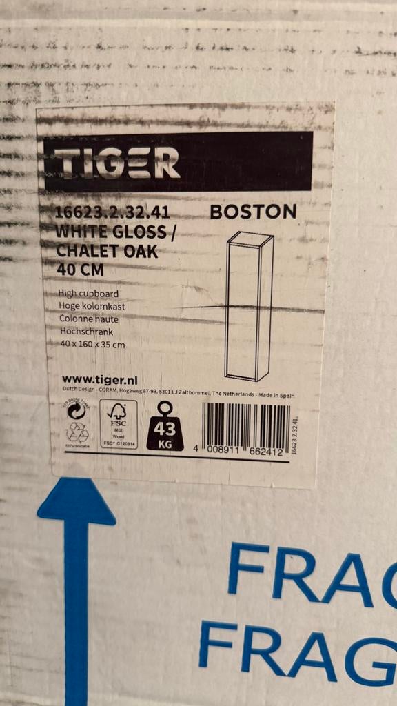 Tiger Boston Hoge Kolomkast Wit Hoogglans/Chalet Eiken, Ophalen of Verzenden, Zo goed als nieuw
