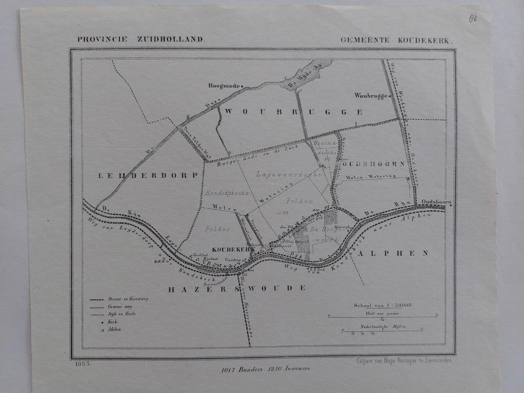 82 / Koudekerk Oudshoorn Woubrugge Hoogmade Litho uit 1865, Antiek en Kunst, Ophalen of Verzenden
