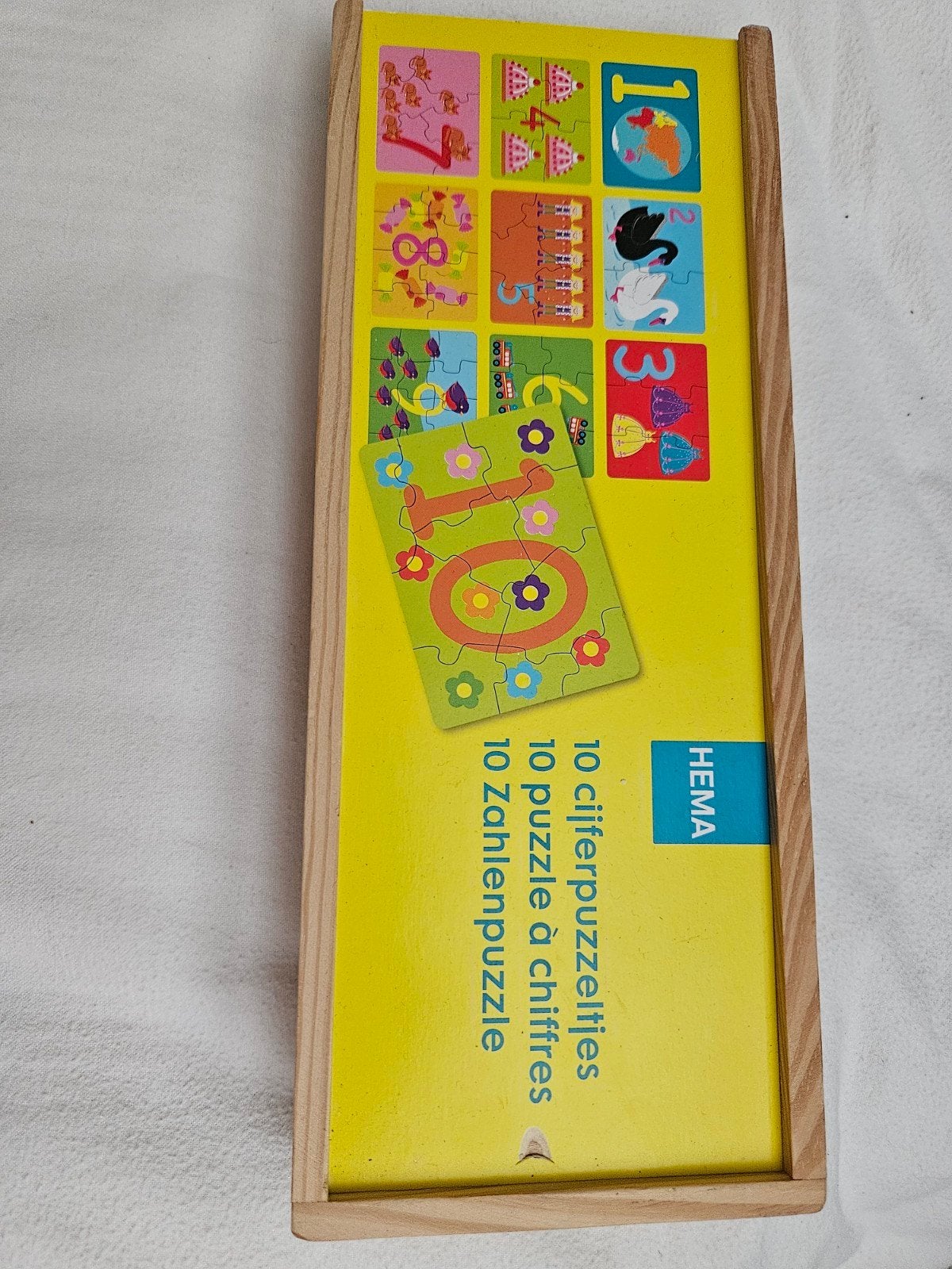 Hema cijferpuzzel 10 puzzeltjes van hout, 2 tot 4 jaar, Gebruikt, Van hout, Meer dan 50 stukjes