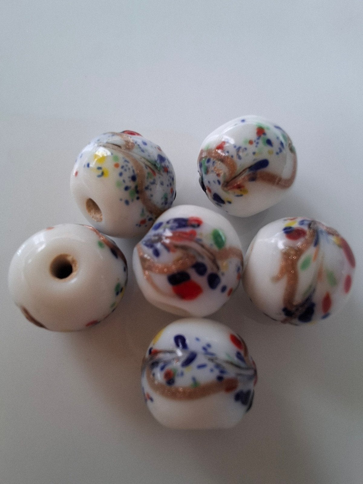 6 stuks 10 mm lampwork glaskralen wit rood blauw kralen, Kraal, -, -, Nieuw