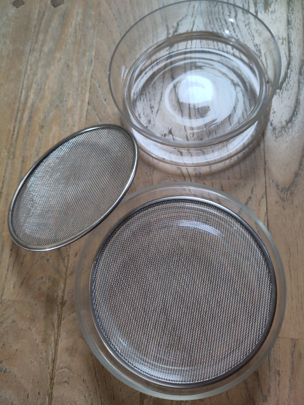 Glazen kiemschaaltjes met RVS zeef - Set van 2, Overige typen, Ophalen, Zo goed als nieuw, Glas