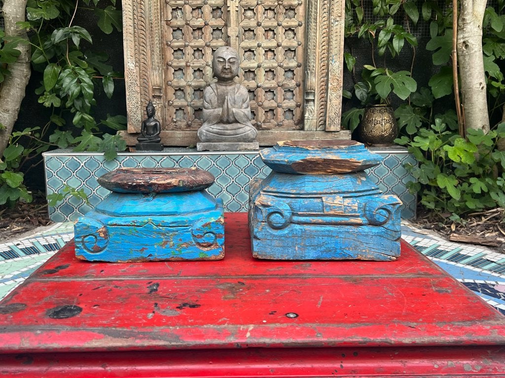 India oude console Indiase ornament houtsnijwerk kandelaar, Verburgt Vintage, Blauw, Overige merken, Nieuw