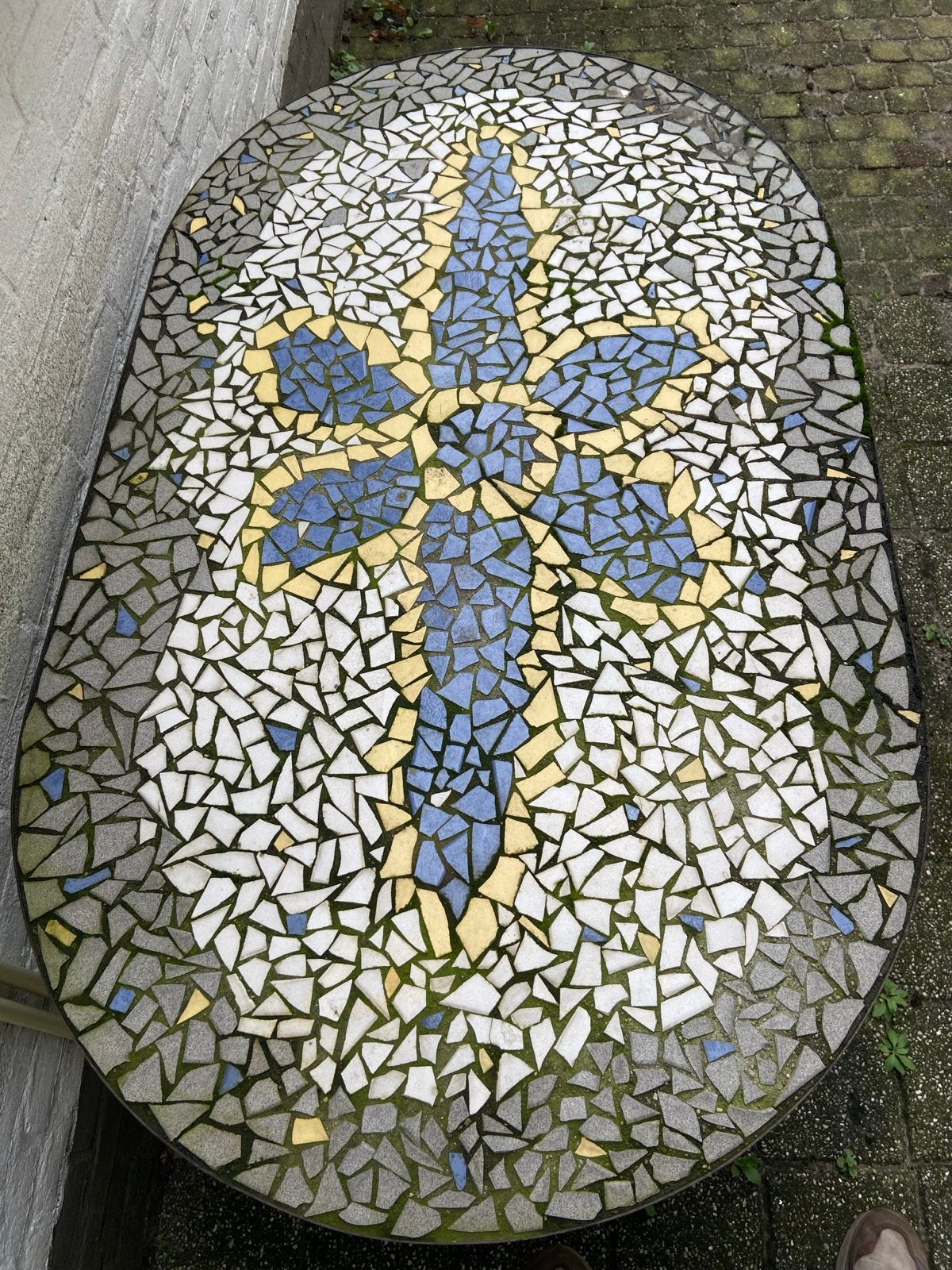 Ovale mozaïek tuintafel met metalen onderstel, Ophalen, Gebruikt, Ovaal, Metaal