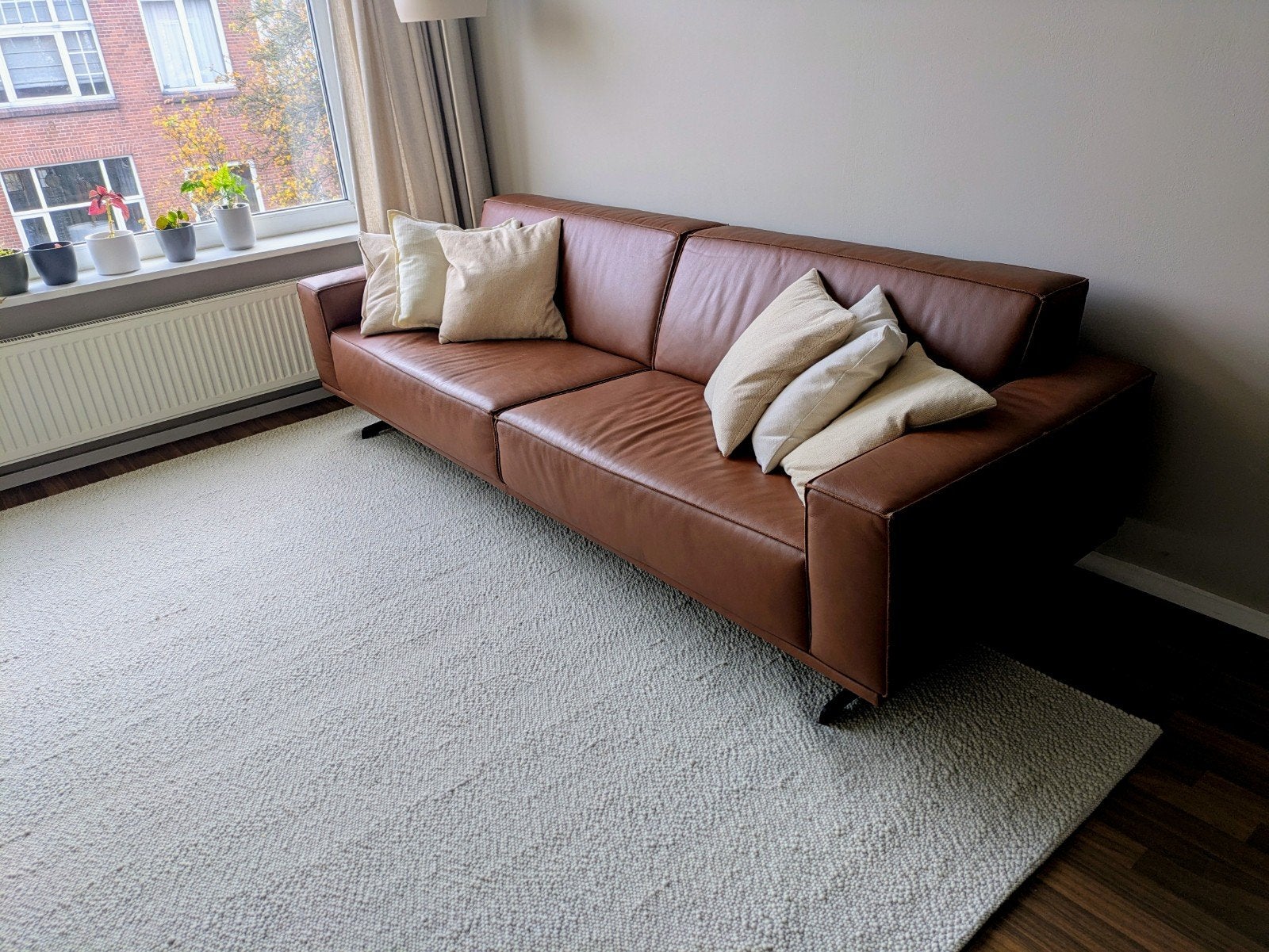 Lederland Chiel Cognac Leren Designbank 3.5-zits, Ophalen, 250 tot 300 cm, Driepersoons, Zo goed als nieuw