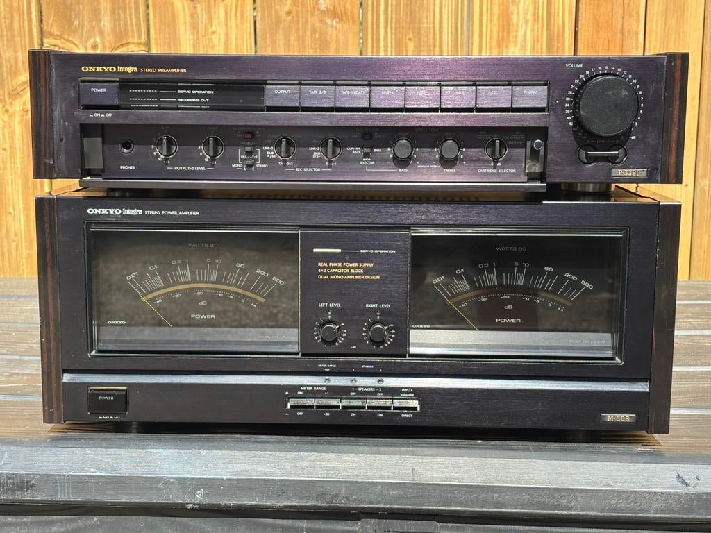 Onkyo Integra P-3390 Voorversterker & M-508 Eindversterker, Ophalen, Zo goed als nieuw, 120 watt of meer, Stereo