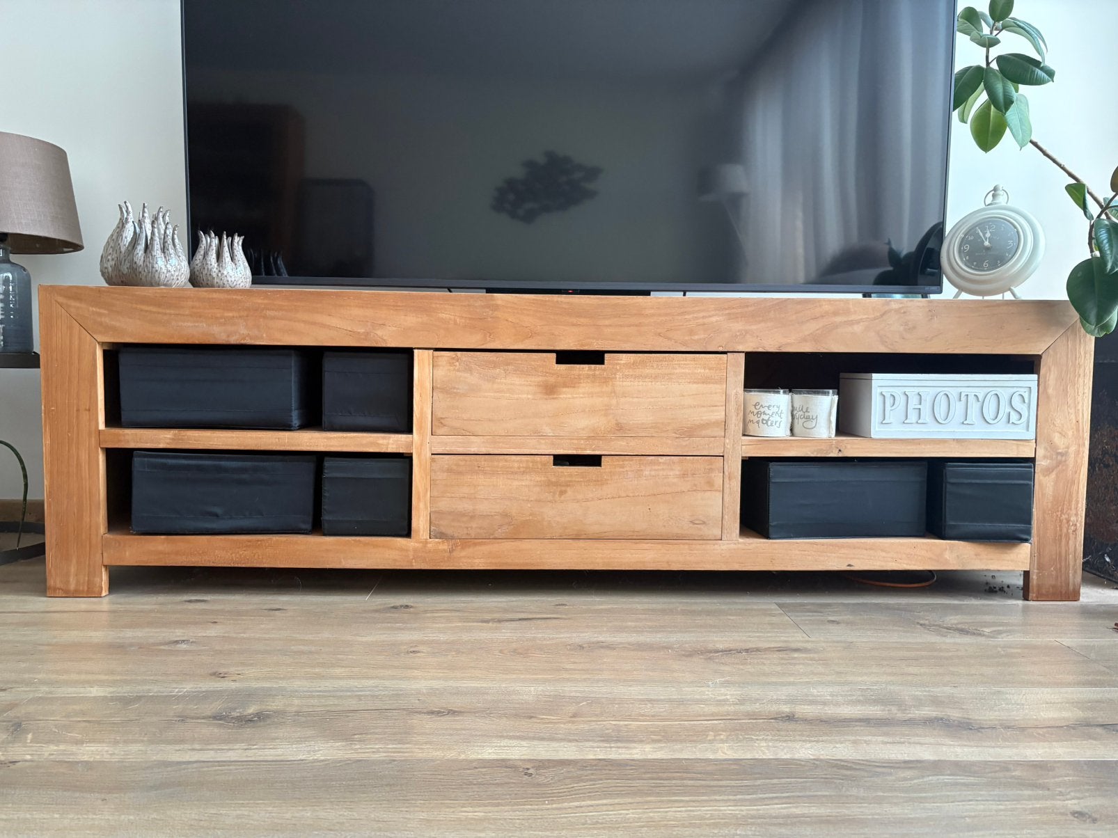 Teakhouten tv meubel met 2 lades, Ophalen, Zo goed als nieuw, 25 tot 50 cm, Minder dan 100 cm