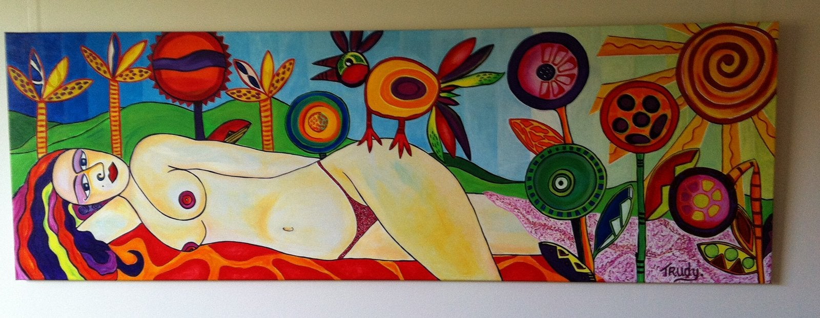 Schilderij 180 x 60 cm acryl, titel ‘ lucky bird’., Ophalen, Gesigneerd, Textiel, Figuren