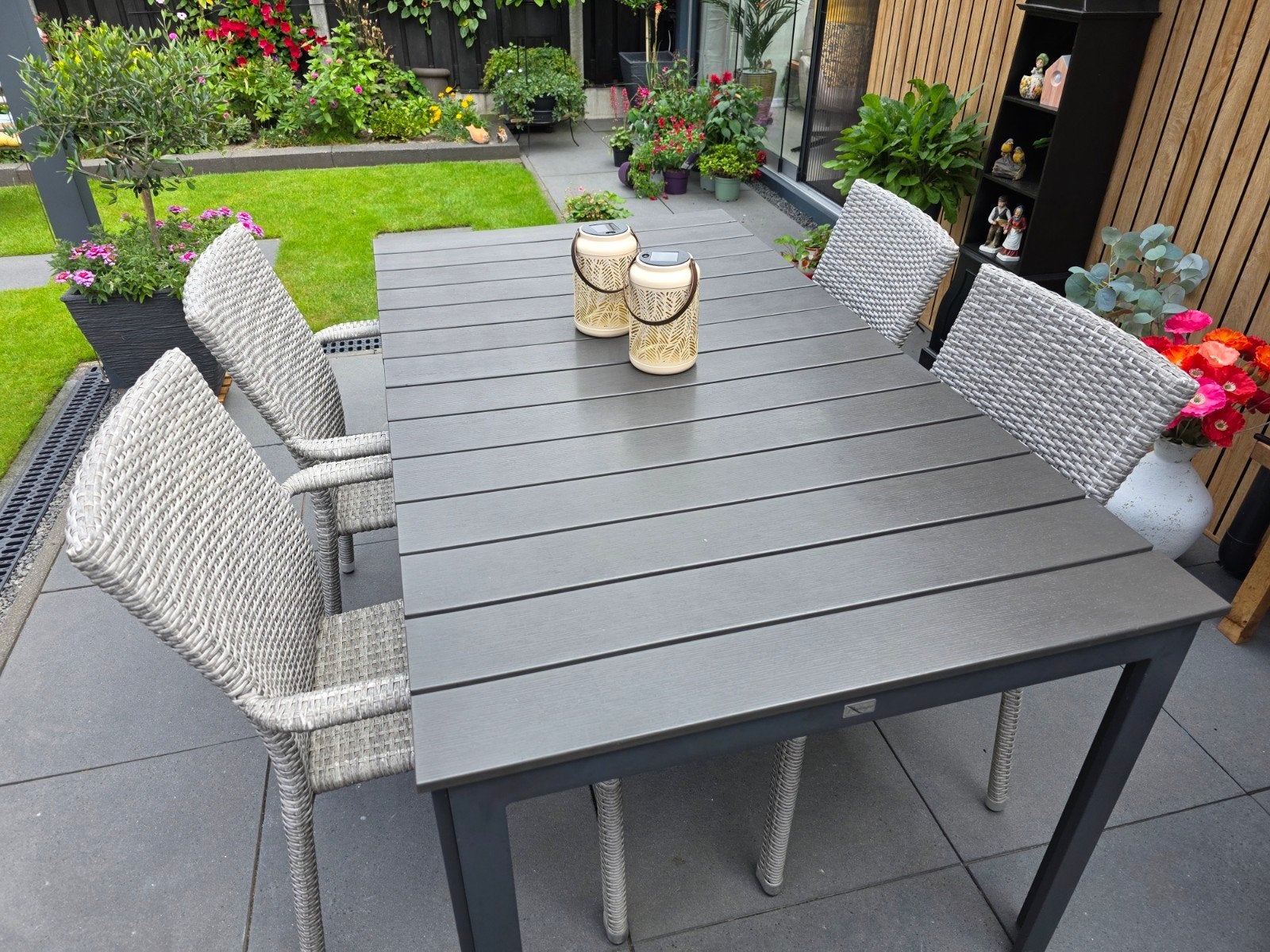 Tuintafel met 4 wicker stoelen, Tuin en Terras, Tuinsets en Loungesets, Ophalen, Gebruikt, Kunststof