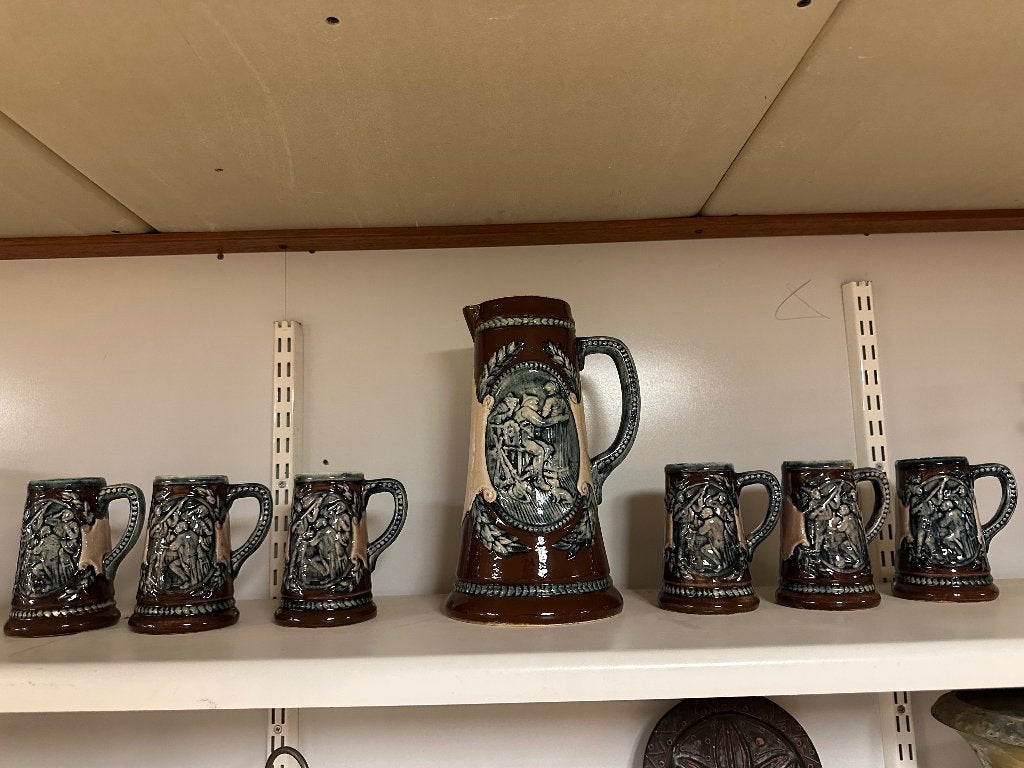 Antieke Bierpul Set: Kruik met 6 Mokken, Antiek en Kunst, Antiek | Keramiek en Aardewerk, Ophalen