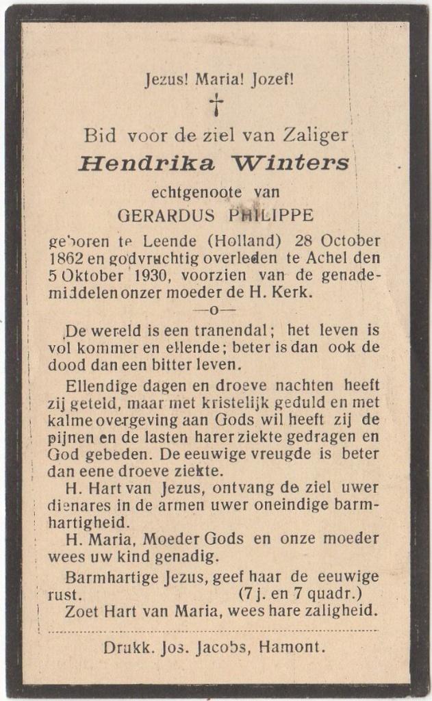 Hendrika Winters 1862 Leende + 1930 Achel (België), 67 jaar, Verzenden