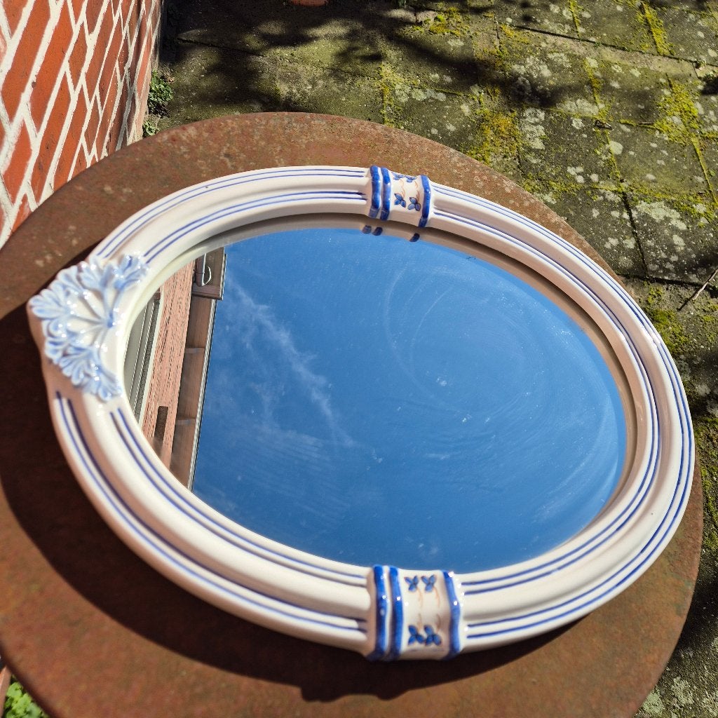Ovale spiegel met porseleinen rand, blauw decor 52hx42br, Huis en Inrichting, Ophalen, Minder dan 50 cm, Zo goed als nieuw, Minder dan 100 cm