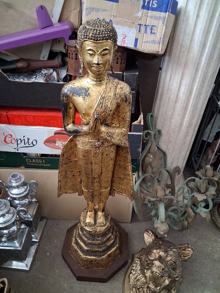 Gigantisch bronzen Boeddhabeeld uit Thailand, Art deco, Gepatineerd, Brons, Beeld