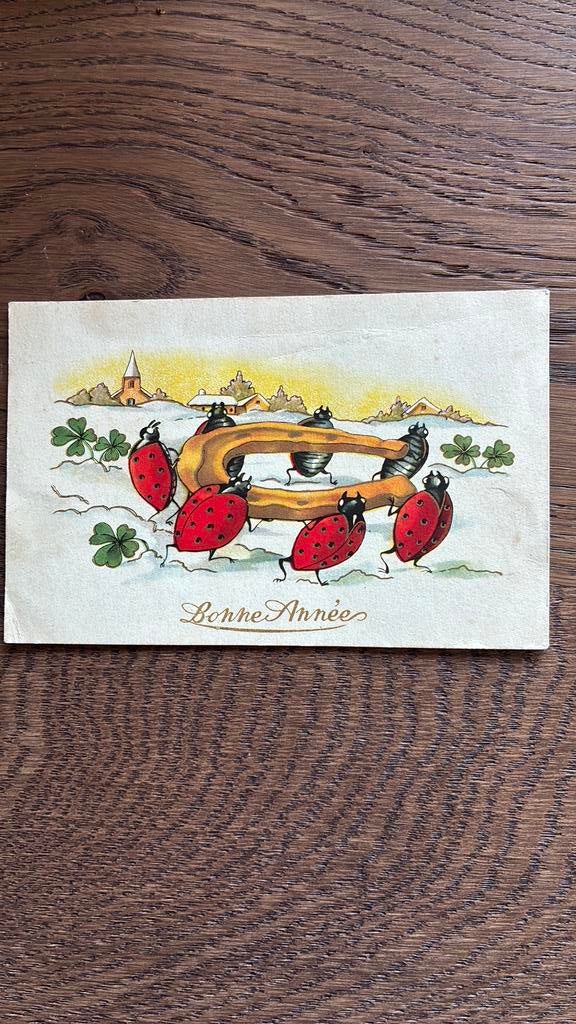 Lieveheersbestjes dragen hoefijzer.klaver,winterlandschapje, Ophalen of Verzenden, Gelopen