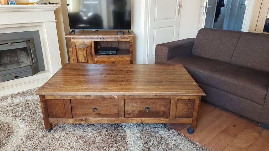 Mangohouten TV-kast en salontafel met lades van Trendhopper, Huis en Inrichting, Ophalen, 100 tot 150 cm, 50 tot 100 cm, Zo goed als nieuw