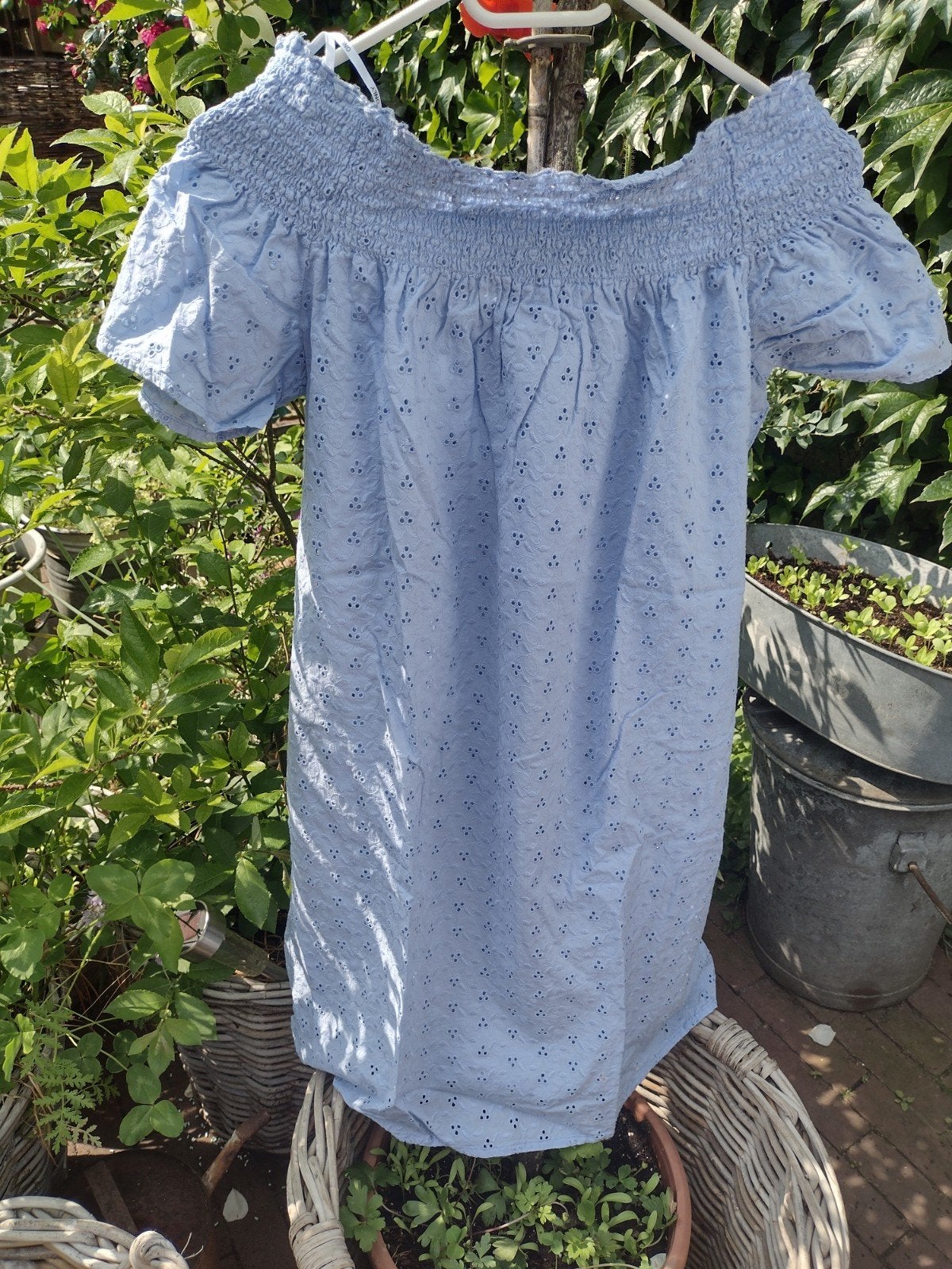 Schattig Blauw Broderie Tuniek Jurkje Off Shoulder, Ophalen of Verzenden, Zo goed als nieuw, Maat 38/40 (M), Blauw