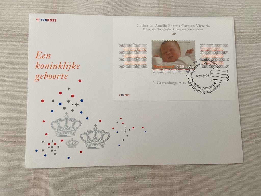 Een koninklijke geboorte, prinses Amalia brief en munt. 2003, Ophalen of Verzenden, Envelop