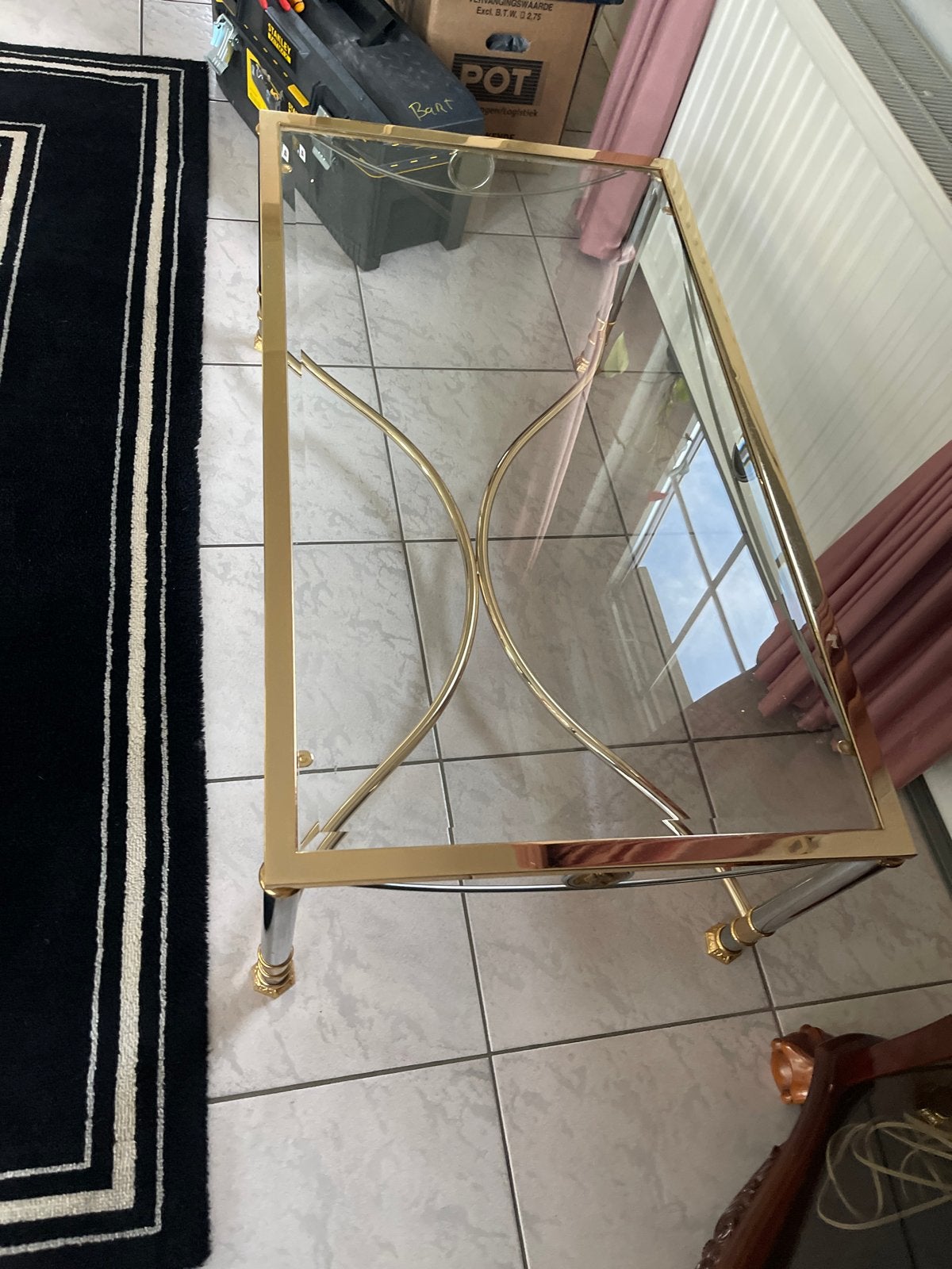 Glazen salontafel met gouden en zilveren accenten, Huis en Inrichting, Ophalen, Gebruikt, 100 tot 150 cm, 50 tot 100 cm