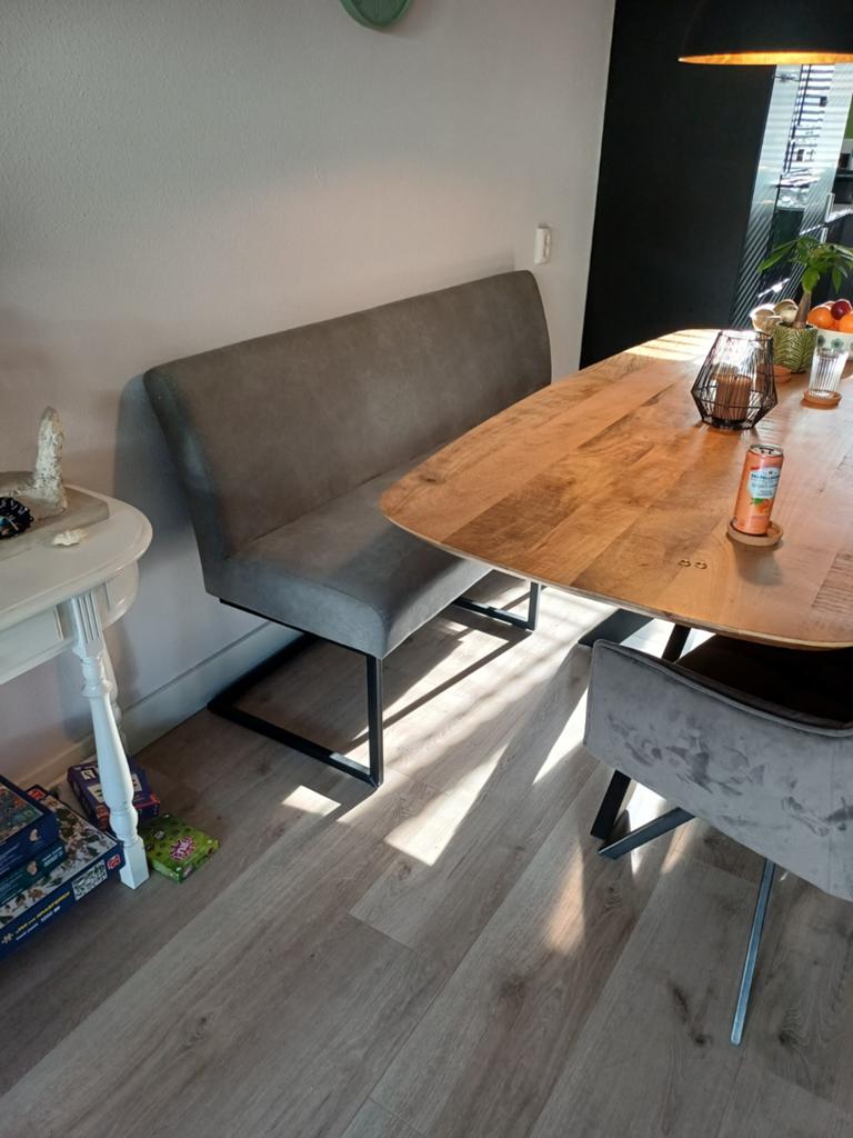 Eettafel bankje grijs stof, Ophalen, 50 tot 100 cm, Zo goed als nieuw, 150 tot 200 cm