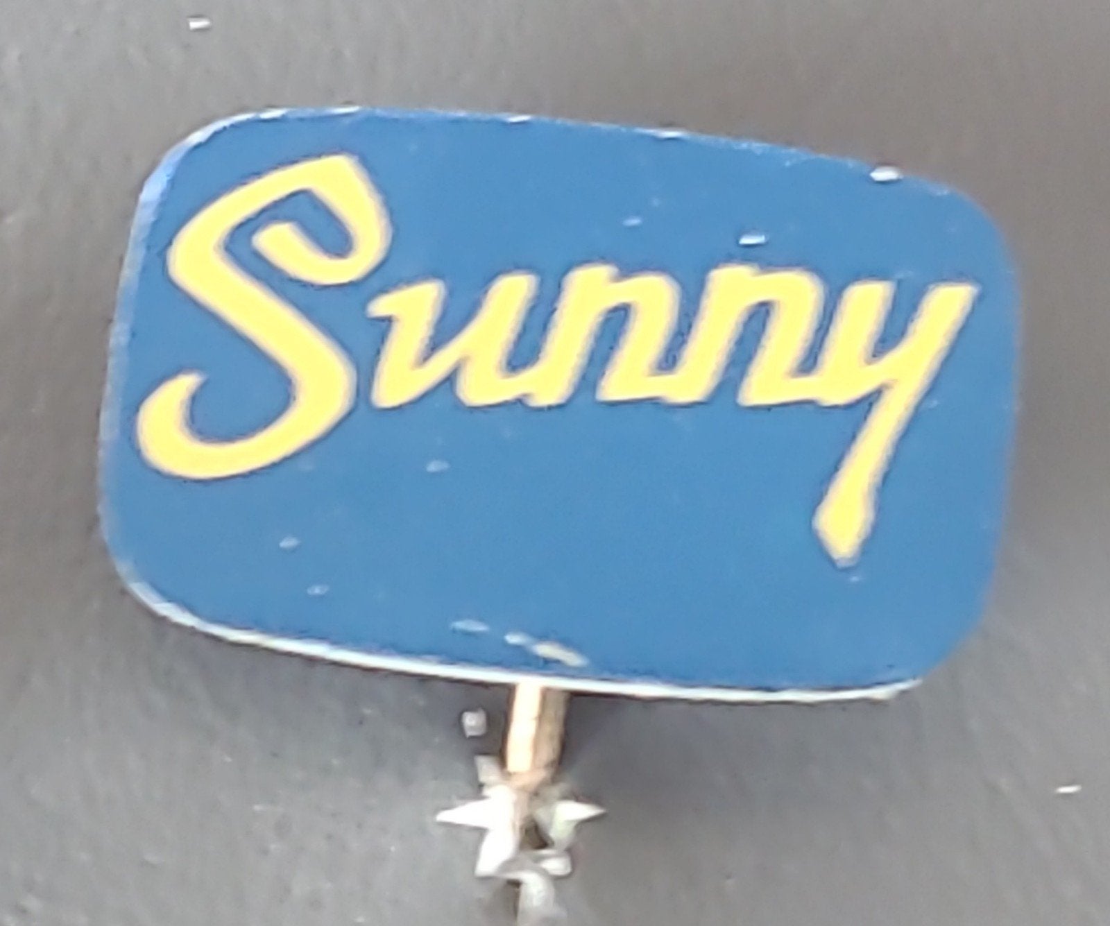 Vintage 'Sunny' Speldje - Blauw met Gele Letters, Verzamelen, Verzenden, Gebruikt, Overige onderwerpen, Speldje of Pin