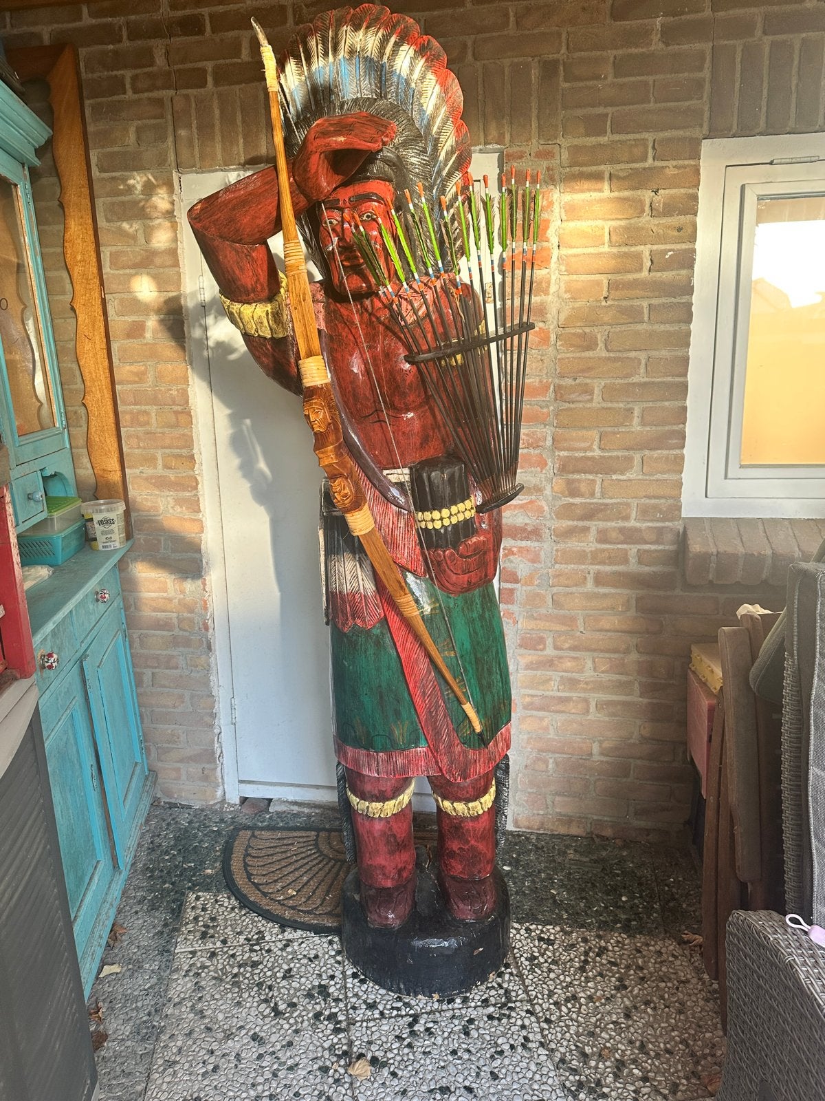 Groot houten beeld van Indiaan met pijl en boog, Ophalen, Rood, Meer dan 2 meter, Beeld