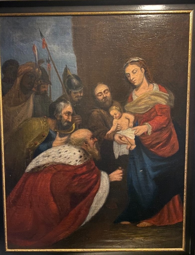 Groot schilderij de aanbidding der wijzen begin 18e eeuw, Ophalen, Doek, Portret of Personen, Olieverf