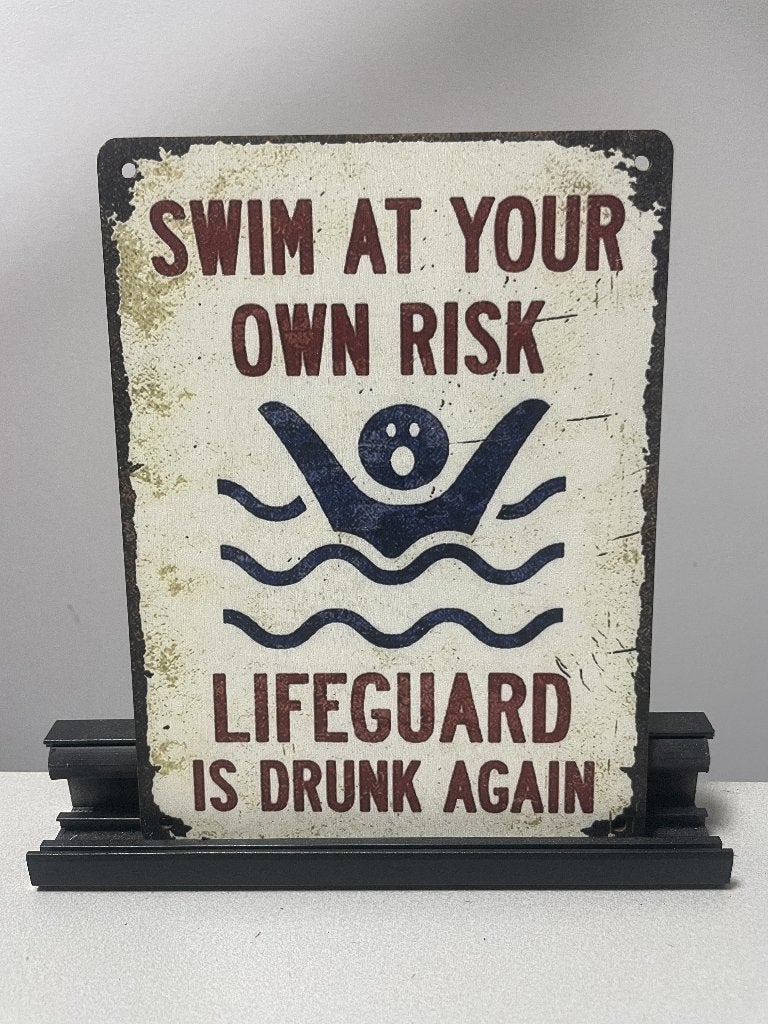 Swim at own risk houten wandbord, Ophalen of Verzenden, Www.pand50.nl, Info@pand50.nl, Printer 29B Coevorden