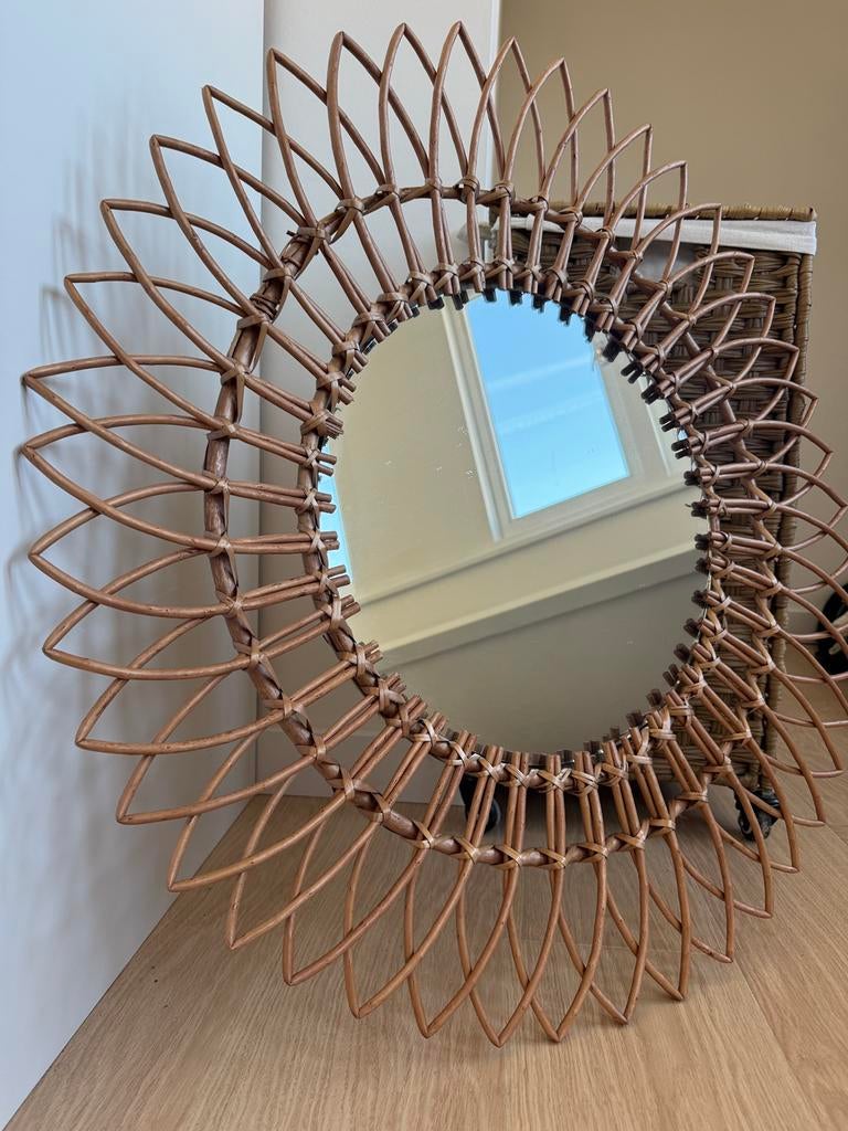 Rotan ronde zonnespiegel 76cm, Huis en Inrichting, Ophalen, Zo goed als nieuw, Rond, Minder dan 100 cm