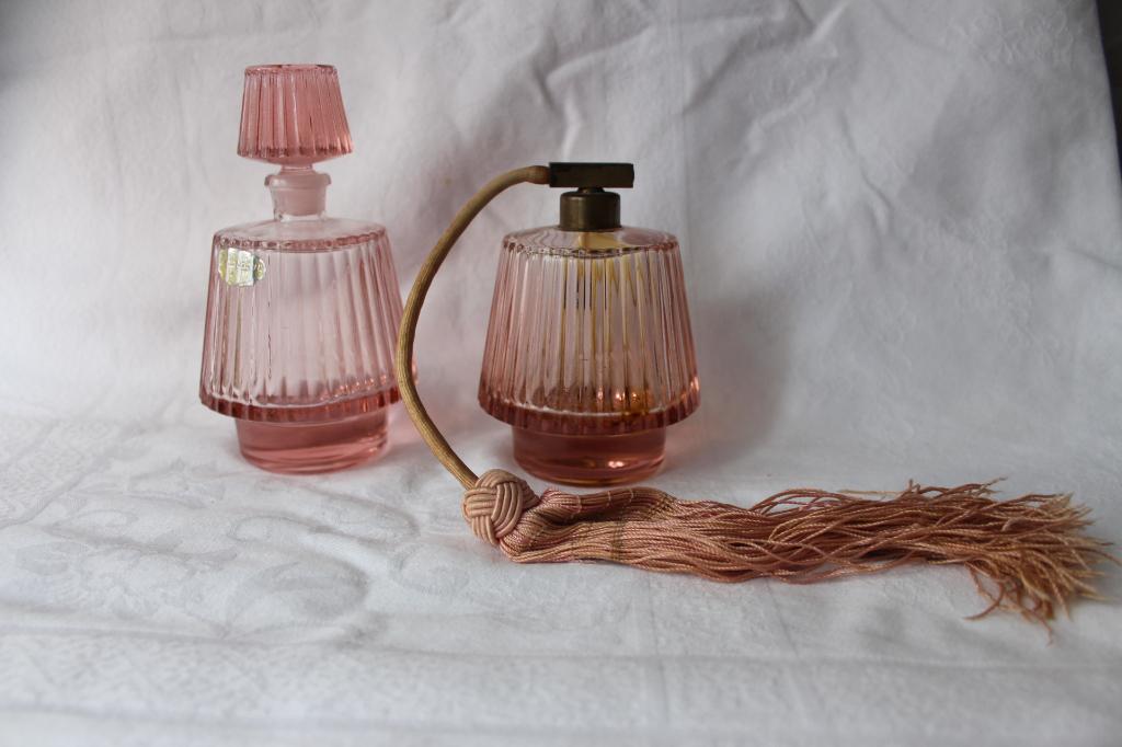 Antiek Art Deco pink depression glass vanity set 1930-1940, Ophalen of Verzenden