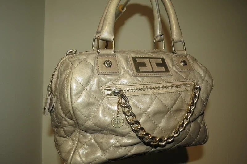 Elisabetta Franchi leren handtas zouden ruiten goud, Verzenden, Gebruikt, Beige, Handtas