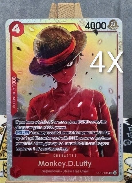 4x ONE PIECE LUFFY - Monkey.D.Luffy OP12-015 - optcg tcg, Ophalen of Verzenden, Zo goed als nieuw, Meerdere kaarten, Foil