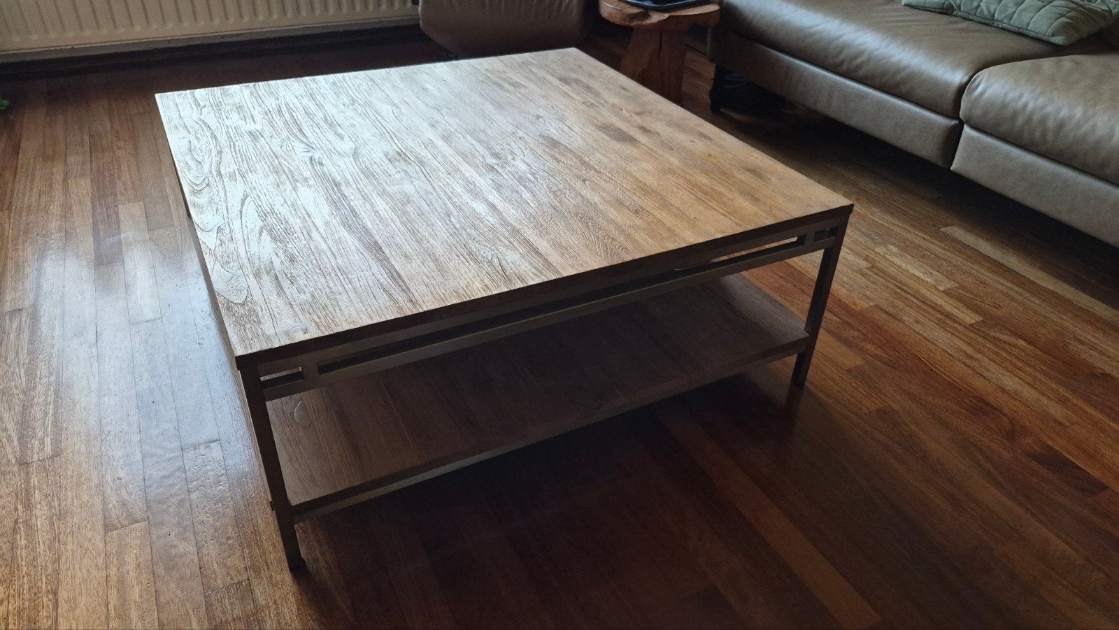 Salontafel Frame 100x100x40cm dubbele RVS rand in Teakhout, Ophalen, Gebruikt, 50 tot 100 cm, Teakhout