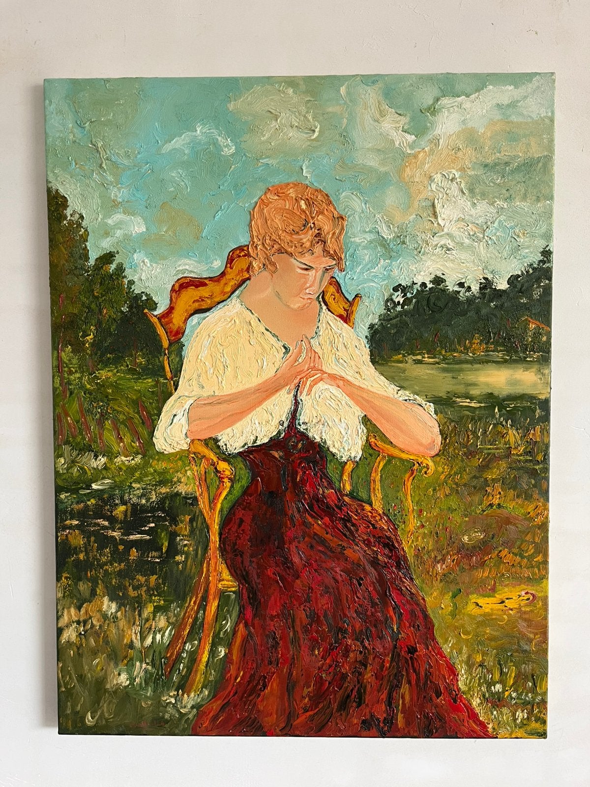 Dame op stoel schilderij olieverf op doek, Antiek en Kunst, Ophalen of Verzenden