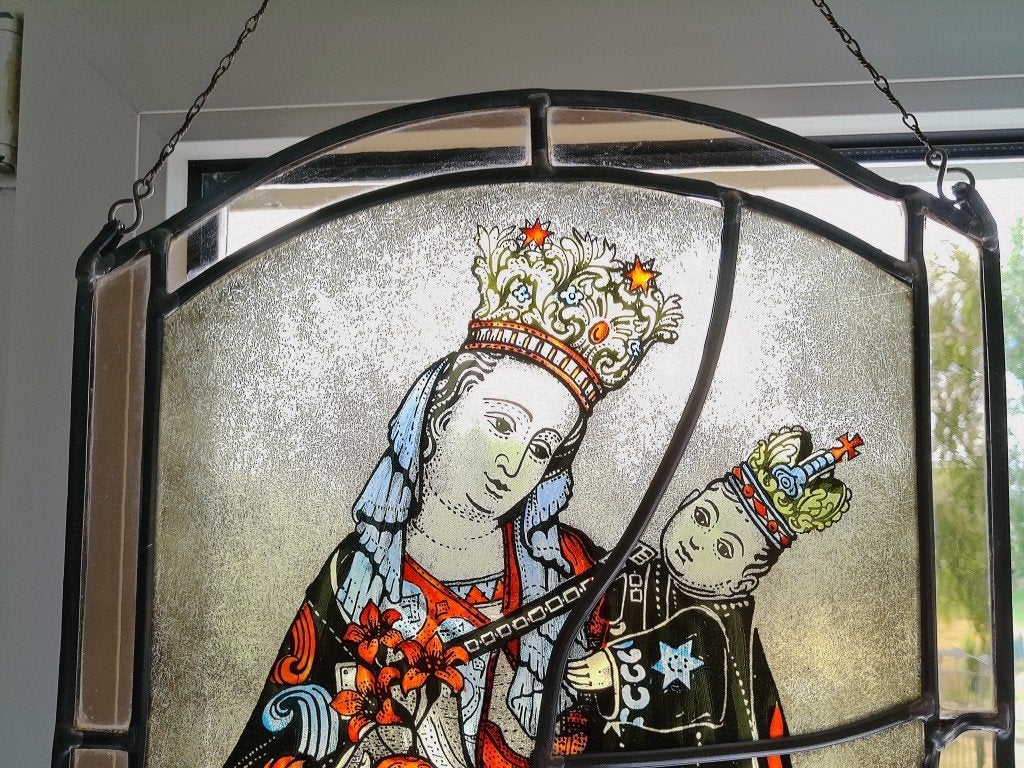 Antiek glas in lood Heilige Maria Sterre der Zee 32x43cm, Ophalen of Verzenden