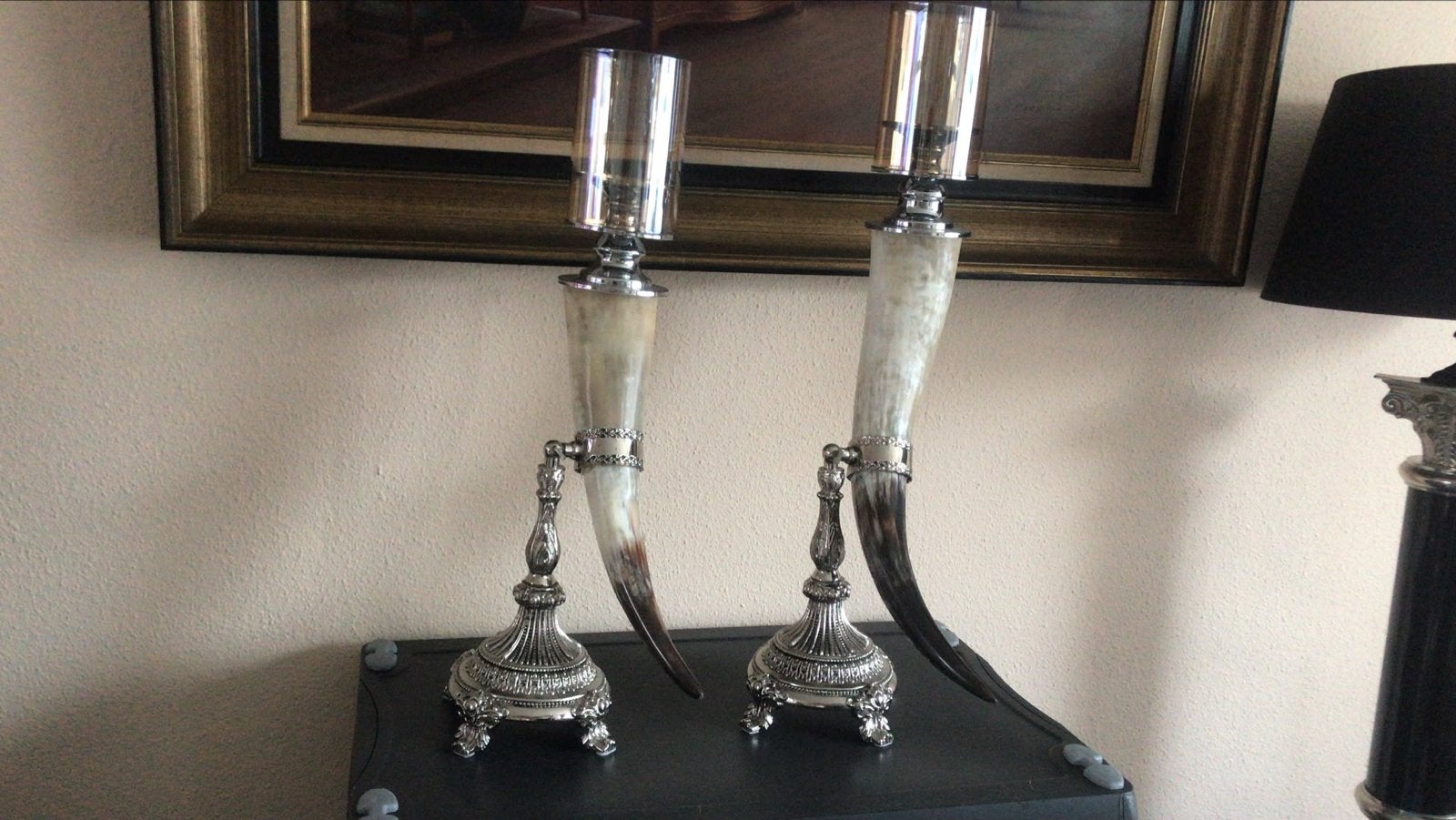 Zilverkleurige Kandelaar met Hoorn, Huis en Inrichting, Ophalen of Verzenden, Zilver, Kandelaar
