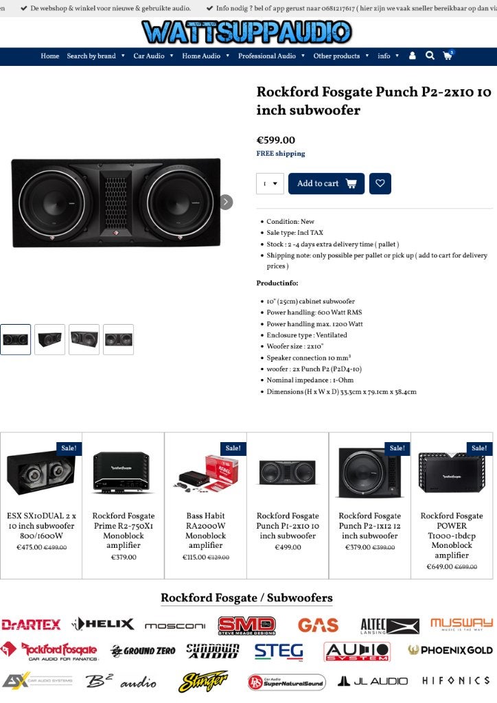 Rockford Fosgate Punch P2-2x10 10 inch subwoofer, Auto diversen, Audio Design, Nieuw, Am Breilingsweg 3, 76709 Kronau, Duitsland