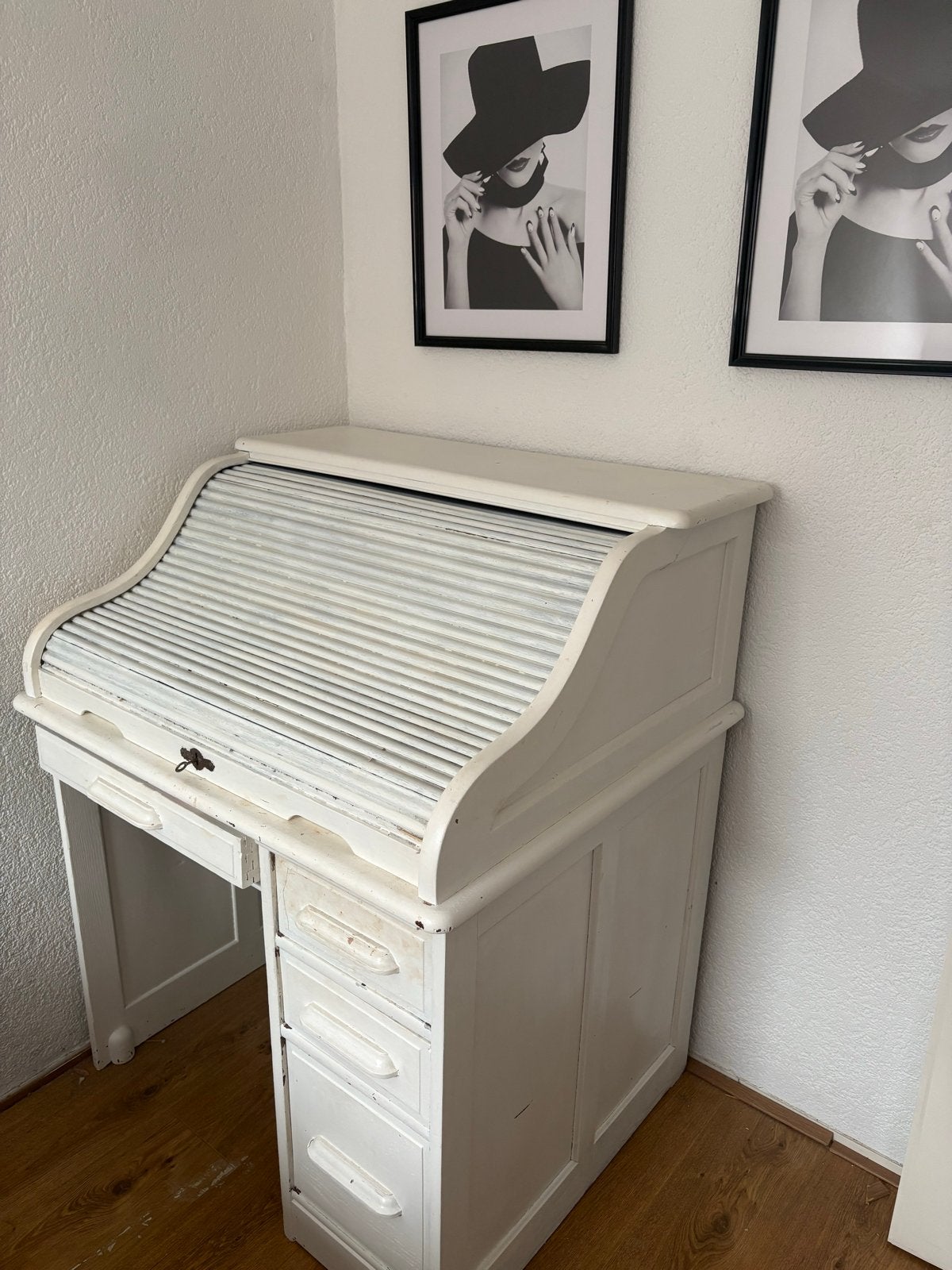 Antiek rolluikbureau, wit geverfd, met lades, Ophalen of Verzenden
